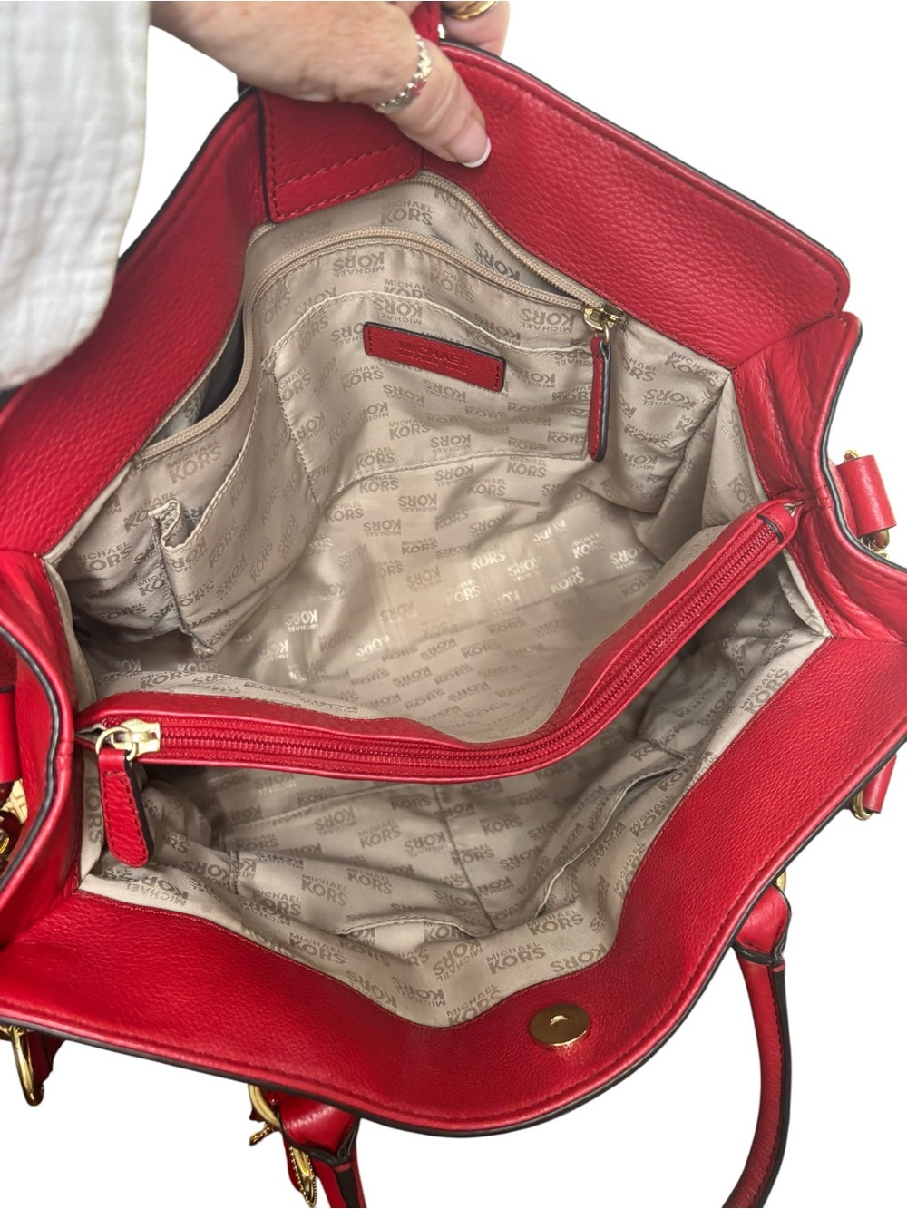 Summer Sale!Michael Kors Hamilton Red Pebbled Leather Large Satchel Shoulder Bag - Picture 7 of 9